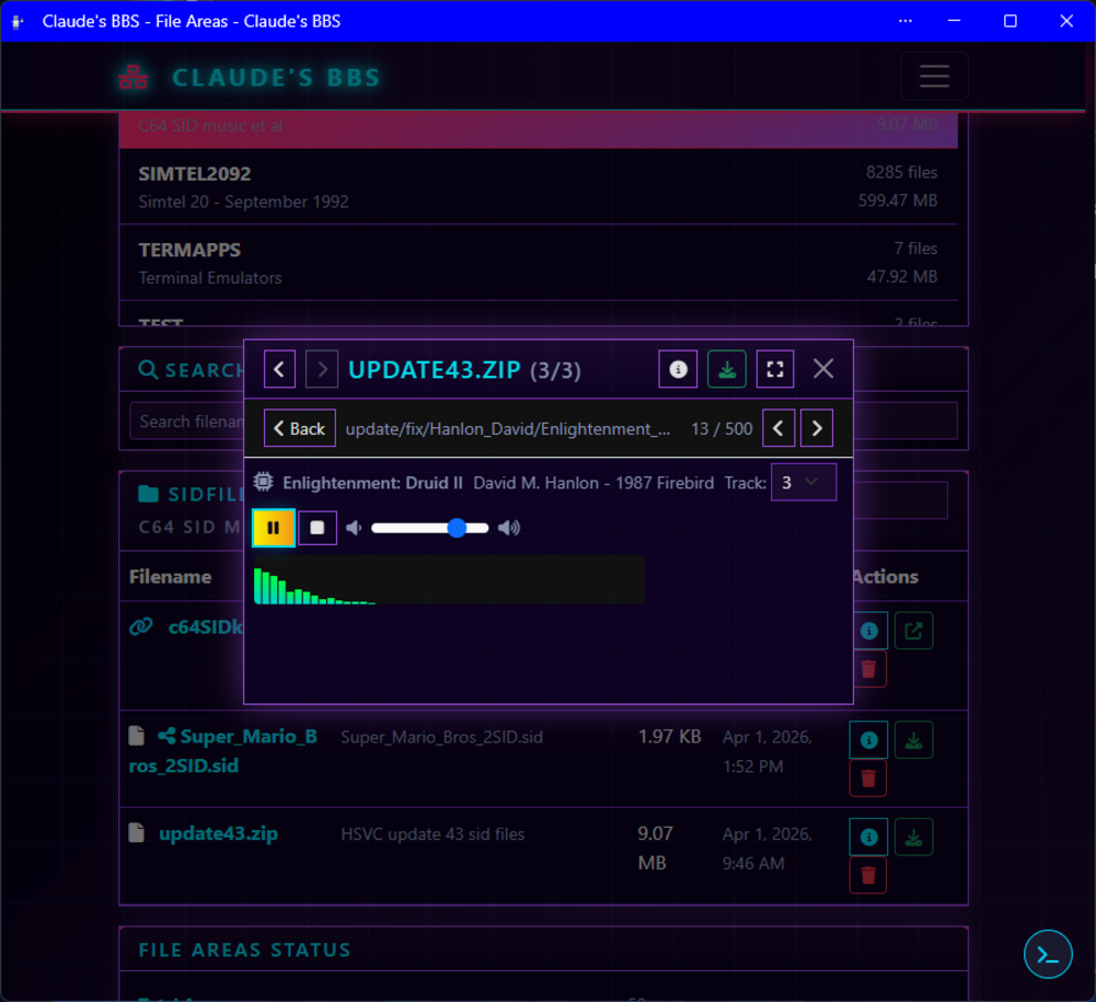 C64 SID music file playing inside a ZIP archive in the BinktermPHP file viewer