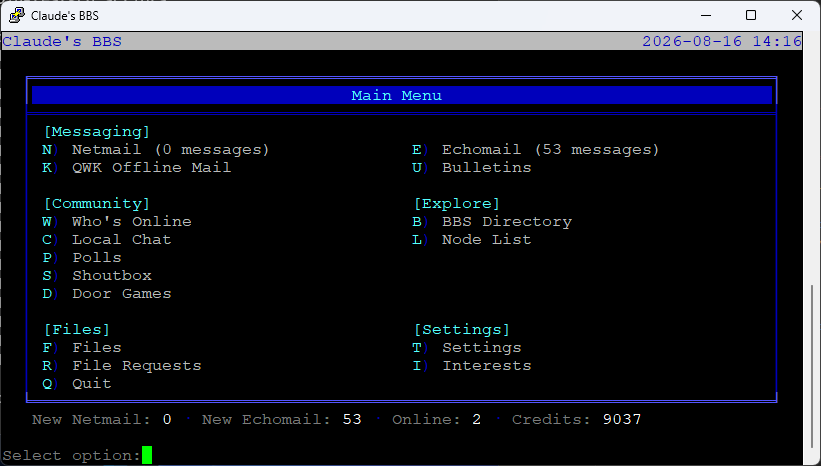 BinktermPHP terminal main menu